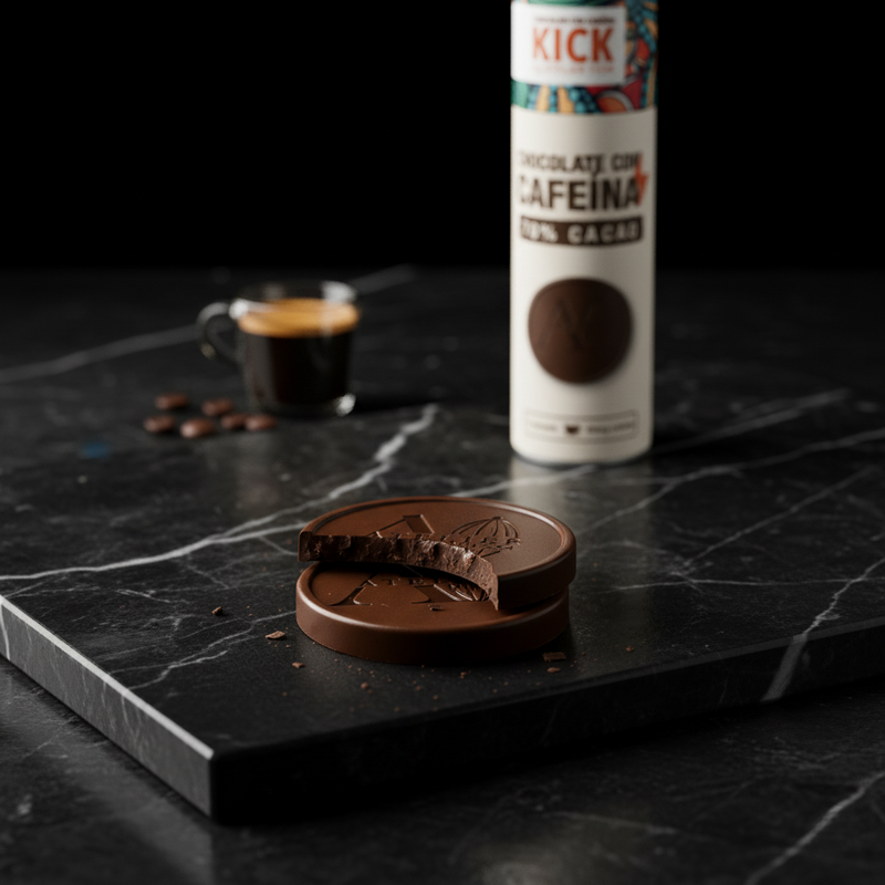 KICK - Monedas de chocolate obscuro con cafeína (tubo con 16 monedas)